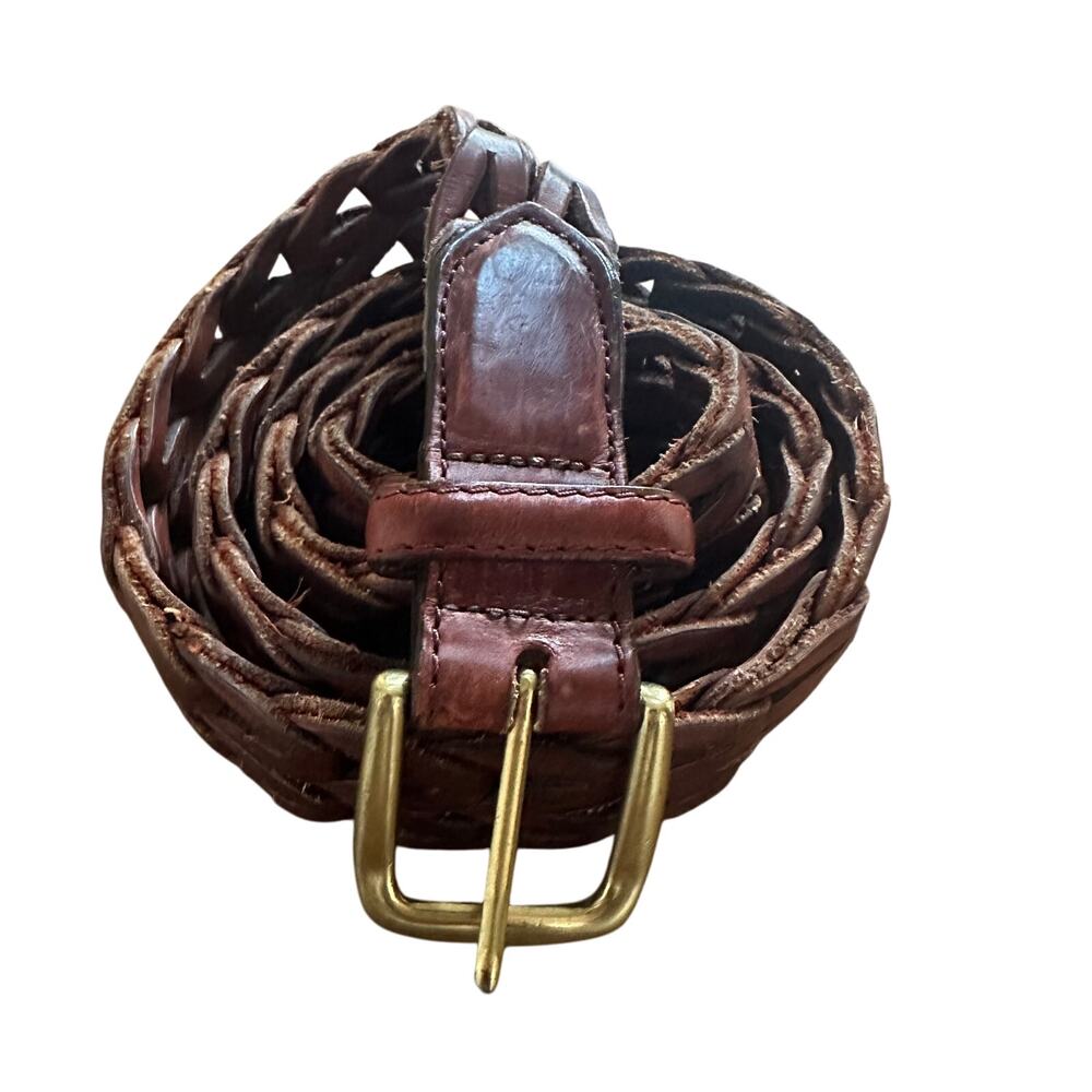 Vintage Brown Leather Braided Fishtail Belt Brass Buckle Mens Western Size 36